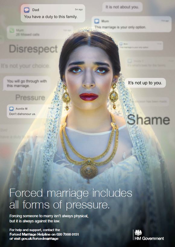 Government poster on Forced marriage. Asian Bride looking sad in the image
